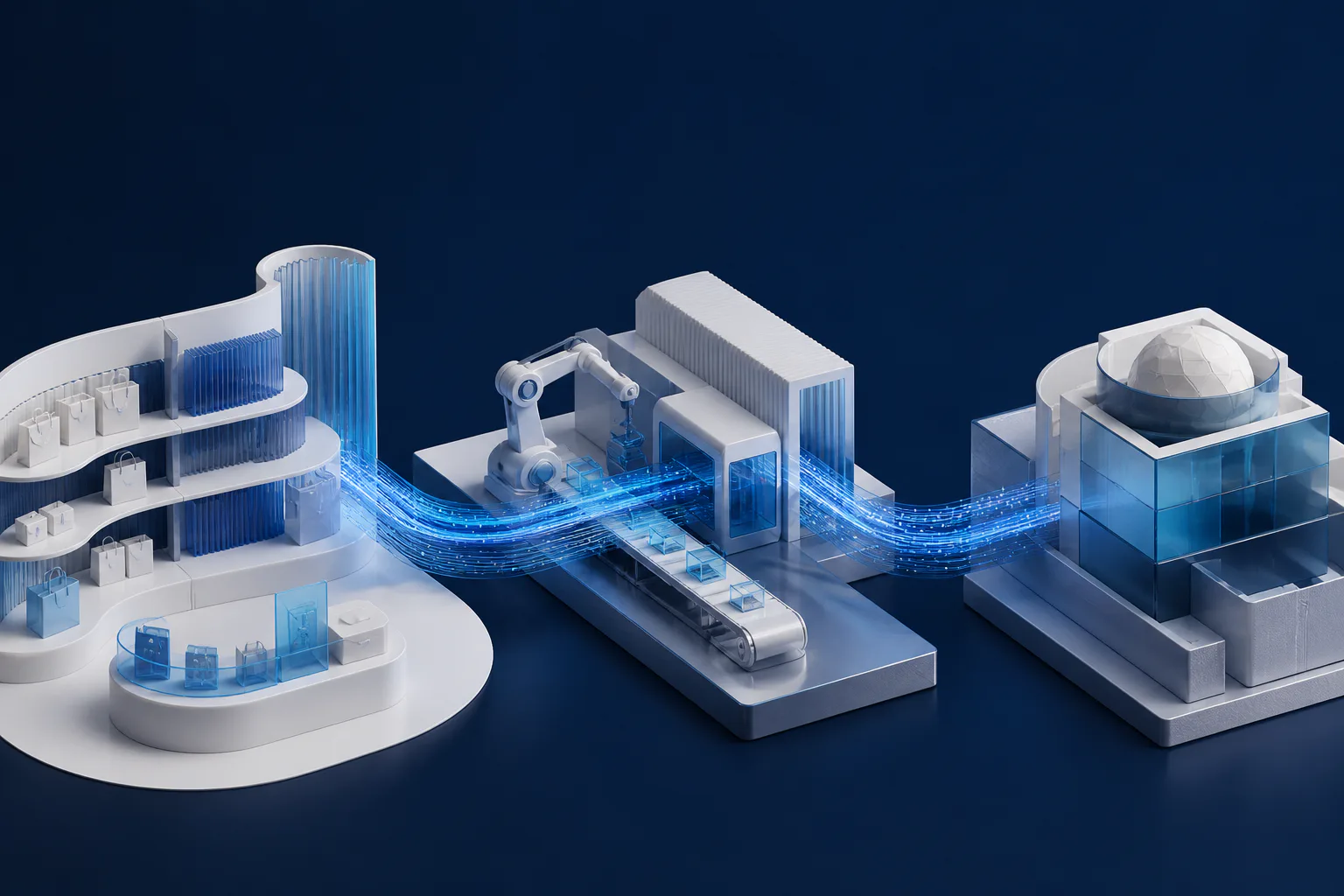 Abstract industrial technology scene bringing together retail, manufacturing and the defence industry