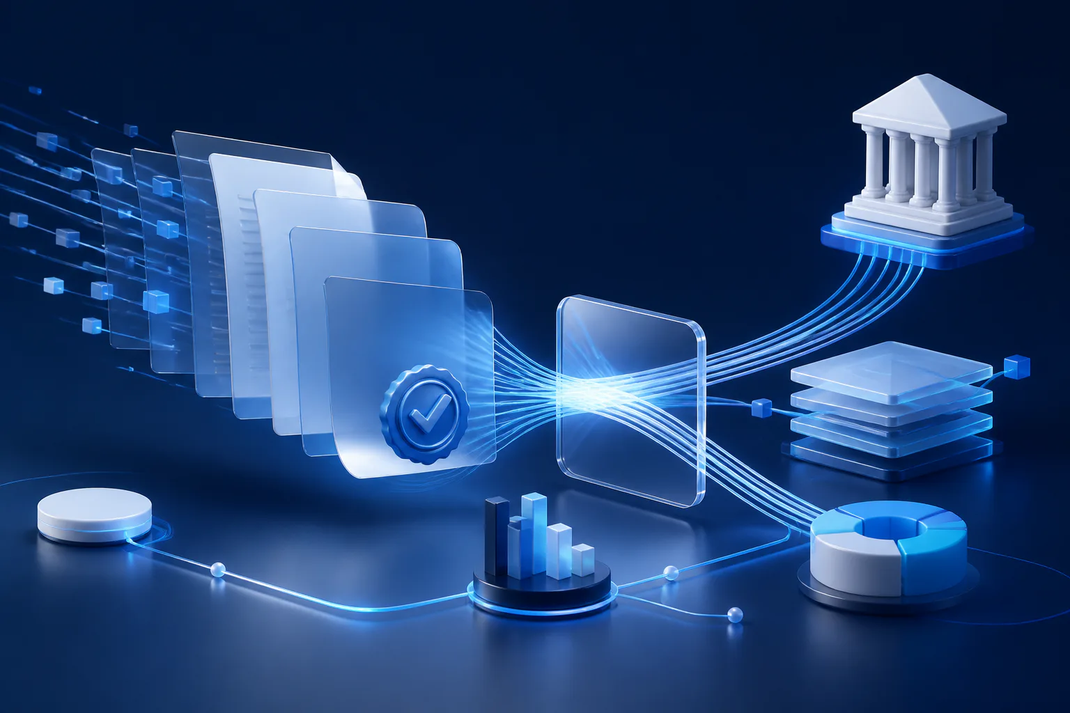 Translucent abstract data prisms representing digital document and finance flows