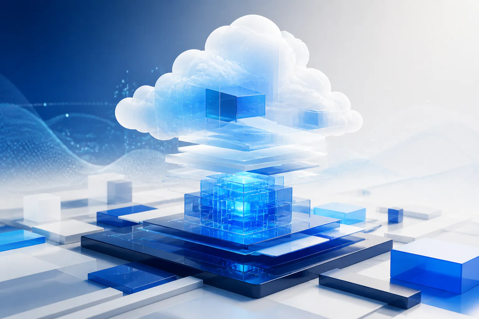 Abstract SAP S/4HANA cloud architecture rising around a central data core